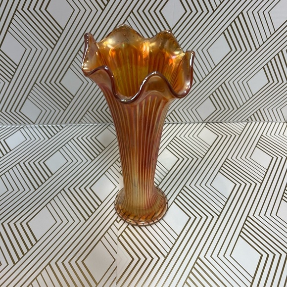 Vintage Fenton Marigold Carnival Glass Ribbed Swung Vase 9” - Picture 2 of 12